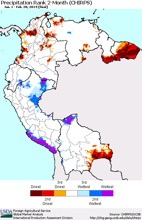 Northern South America Precipitation Rank since 1981, 2-Month (CHIRPS) Thematic Map For 1/1/2019 - 2/28/2019