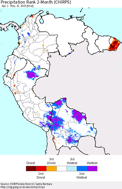 Northern South America Precipitation Rank since 1981, 2-Month (CHIRPS) Thematic Map For 4/1/2019 - 5/31/2019