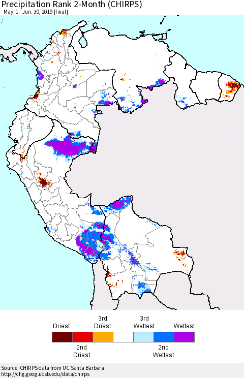 Northern South America Precipitation Rank since 1981, 2-Month (CHIRPS) Thematic Map For 5/1/2019 - 6/30/2019