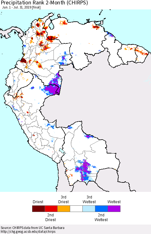 Northern South America Precipitation Rank since 1981, 2-Month (CHIRPS) Thematic Map For 6/1/2019 - 7/31/2019
