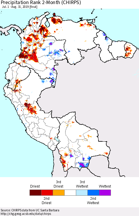 Northern South America Precipitation Rank since 1981, 2-Month (CHIRPS) Thematic Map For 7/1/2019 - 8/31/2019