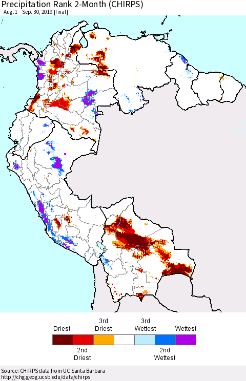 Northern South America Precipitation Rank since 1981, 2-Month (CHIRPS) Thematic Map For 8/1/2019 - 9/30/2019