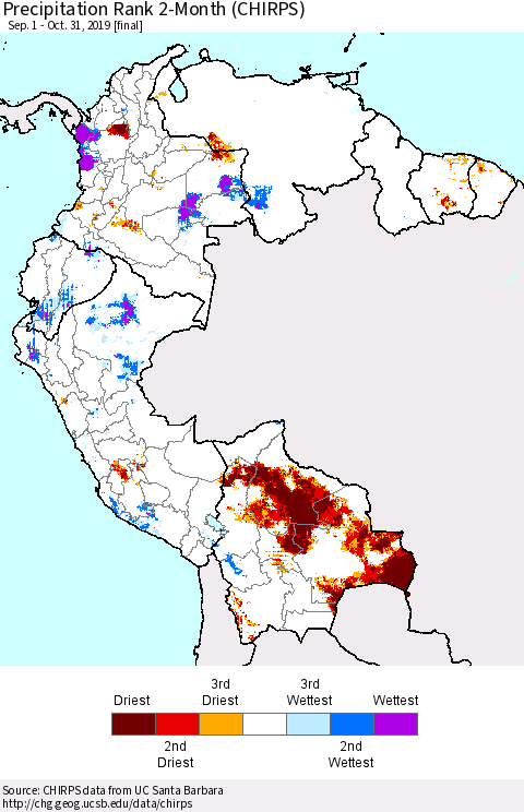 Northern South America Precipitation Rank since 1981, 2-Month (CHIRPS) Thematic Map For 9/1/2019 - 10/31/2019