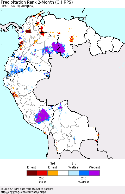 Northern South America Precipitation Rank since 1981, 2-Month (CHIRPS) Thematic Map For 10/1/2019 - 11/30/2019