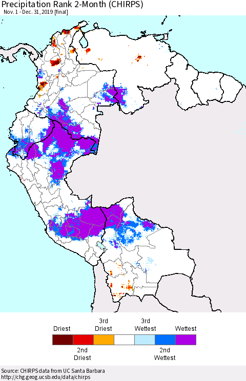 Northern South America Precipitation Rank 2-Month (CHIRPS) Thematic Map For 11/1/2019 - 12/31/2019