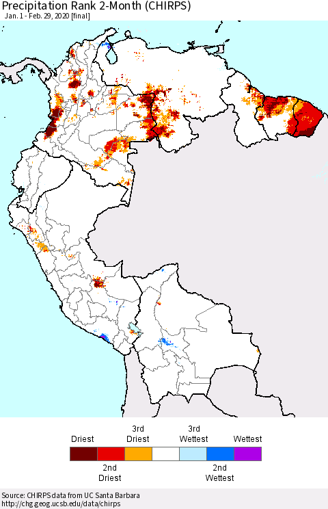 Northern South America Precipitation Rank since 1981, 2-Month (CHIRPS) Thematic Map For 1/1/2020 - 2/29/2020