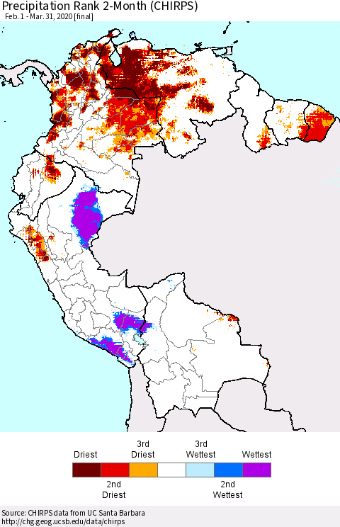 Northern South America Precipitation Rank 2-Month (CHIRPS) Thematic Map For 2/1/2020 - 3/31/2020