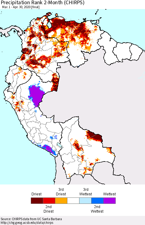 Northern South America Precipitation Rank 2-Month (CHIRPS) Thematic Map For 3/1/2020 - 4/30/2020