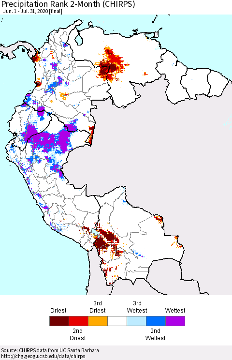 Northern South America Precipitation Rank 2-Month (CHIRPS) Thematic Map For 6/1/2020 - 7/31/2020