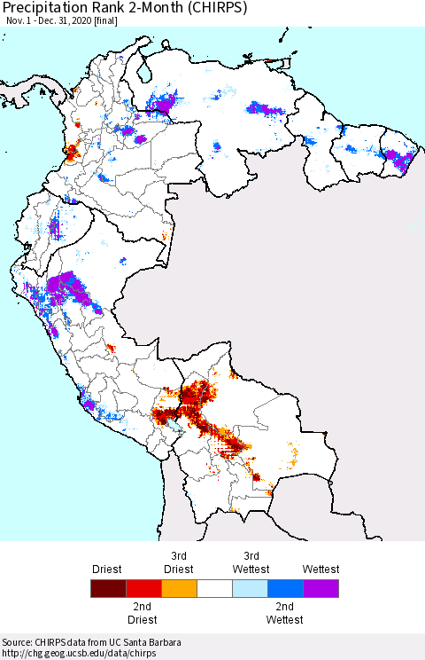 Northern South America Precipitation Rank 2-Month (CHIRPS) Thematic Map For 11/1/2020 - 12/31/2020
