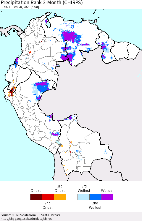 Northern South America Precipitation Rank since 1981, 2-Month (CHIRPS) Thematic Map For 1/1/2021 - 2/28/2021