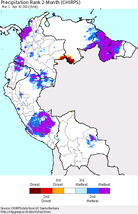 Northern South America Precipitation Rank since 1981, 2-Month (CHIRPS) Thematic Map For 3/1/2021 - 4/30/2021