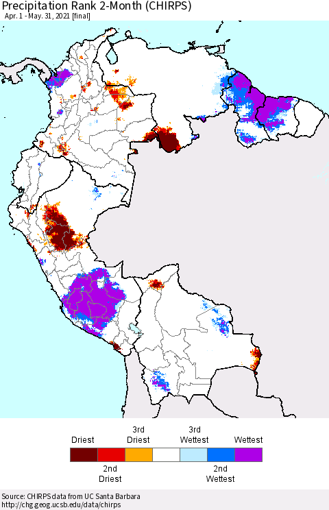 Northern South America Precipitation Rank 2-Month (CHIRPS) Thematic Map For 4/1/2021 - 5/31/2021