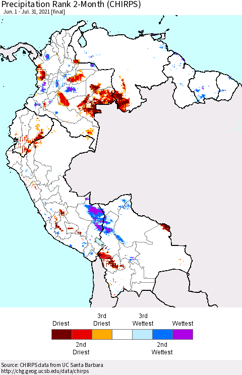 Northern South America Precipitation Rank 2-Month (CHIRPS) Thematic Map For 6/1/2021 - 7/31/2021