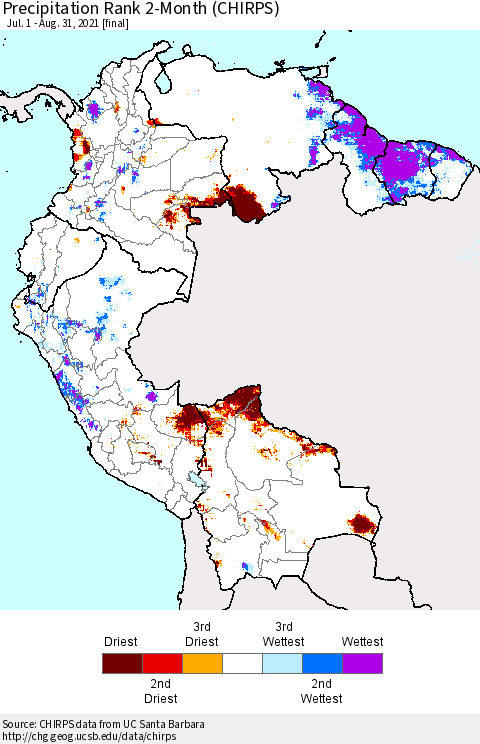 Northern South America Precipitation Rank 2-Month (CHIRPS) Thematic Map For 7/1/2021 - 8/31/2021