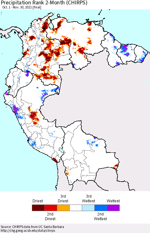 Northern South America Precipitation Rank 2-Month (CHIRPS) Thematic Map For 10/1/2021 - 11/30/2021