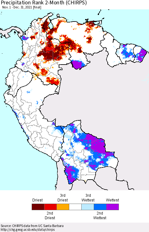 Northern South America Precipitation Rank since 1981, 2-Month (CHIRPS) Thematic Map For 11/1/2021 - 12/31/2021