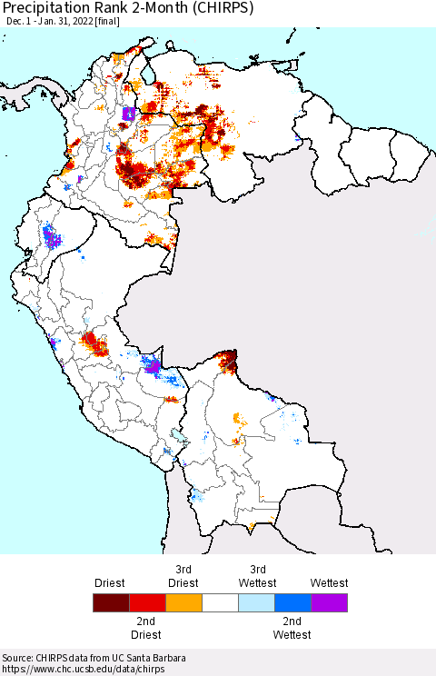 Northern South America Precipitation Rank 2-Month (CHIRPS) Thematic Map For 12/1/2021 - 1/31/2022