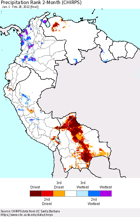 Northern South America Precipitation Rank since 1981, 2-Month (CHIRPS) Thematic Map For 1/1/2022 - 2/28/2022