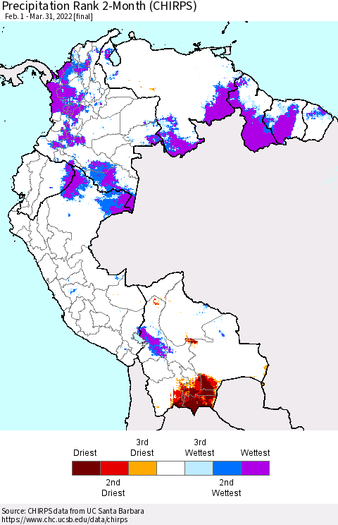 Northern South America Precipitation Rank since 1981, 2-Month (CHIRPS) Thematic Map For 2/1/2022 - 3/31/2022