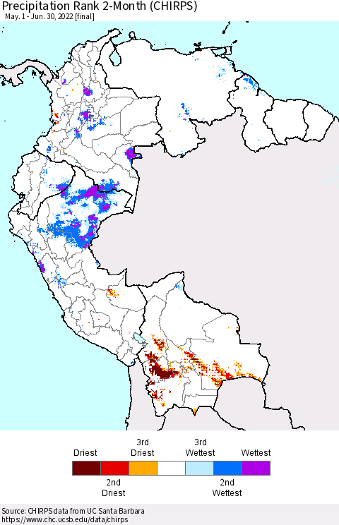 Northern South America Precipitation Rank 2-Month (CHIRPS) Thematic Map For 5/1/2022 - 6/30/2022