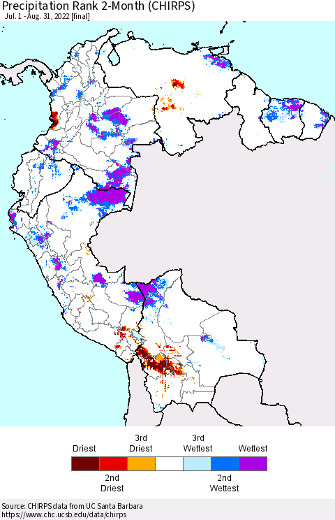 Northern South America Precipitation Rank 2-Month (CHIRPS) Thematic Map For 7/1/2022 - 8/31/2022