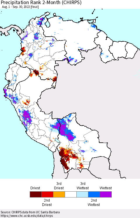 Northern South America Precipitation Rank 2-Month (CHIRPS) Thematic Map For 8/1/2022 - 9/30/2022