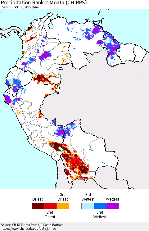 Northern South America Precipitation Rank 2-Month (CHIRPS) Thematic Map For 9/1/2022 - 10/31/2022