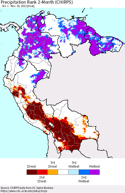 Northern South America Precipitation Rank 2-Month (CHIRPS) Thematic Map For 10/1/2022 - 11/30/2022