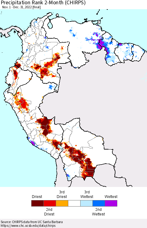 Northern South America Precipitation Rank 2-Month (CHIRPS) Thematic Map For 11/1/2022 - 12/31/2022