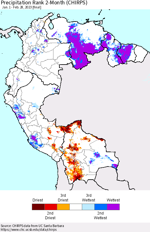 Northern South America Precipitation Rank 2-Month (CHIRPS) Thematic Map For 1/1/2023 - 2/28/2023