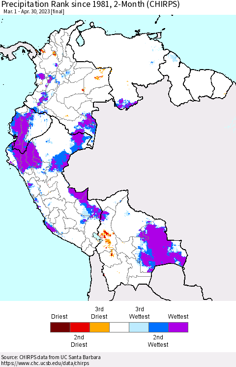 Northern South America Precipitation Rank 2-Month (CHIRPS) Thematic Map For 3/1/2023 - 4/30/2023