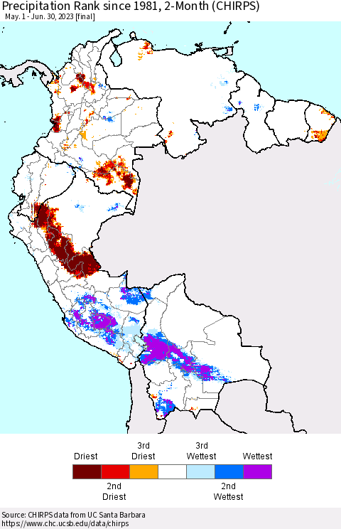 Northern South America Precipitation Rank since 1981, 2-Month (CHIRPS) Thematic Map For 5/1/2023 - 6/30/2023