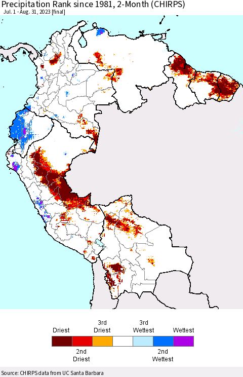Northern South America Precipitation Rank since 1981, 2-Month (CHIRPS) Thematic Map For 7/1/2023 - 8/31/2023