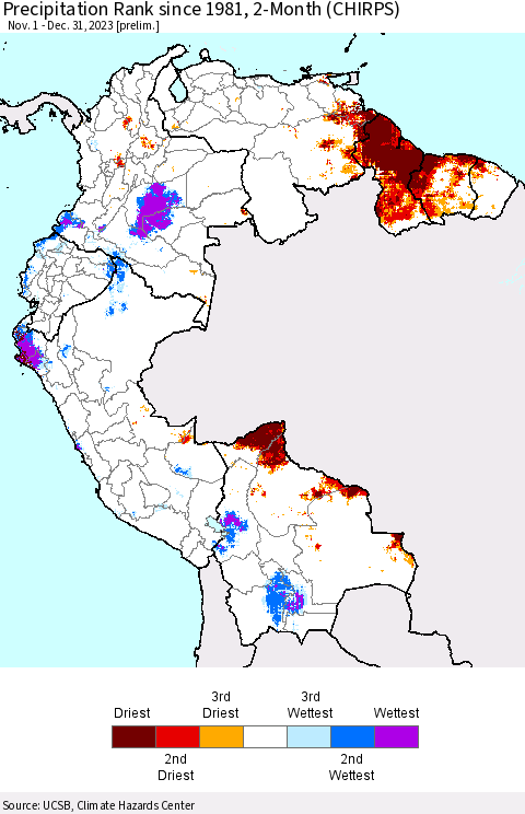 Northern South America Precipitation Rank since 1981, 2-Month (CHIRPS) Thematic Map For 11/1/2023 - 12/31/2023