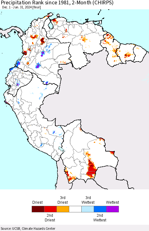 Northern South America Precipitation Rank since 1981, 2-Month (CHIRPS) Thematic Map For 12/1/2023 - 1/31/2024