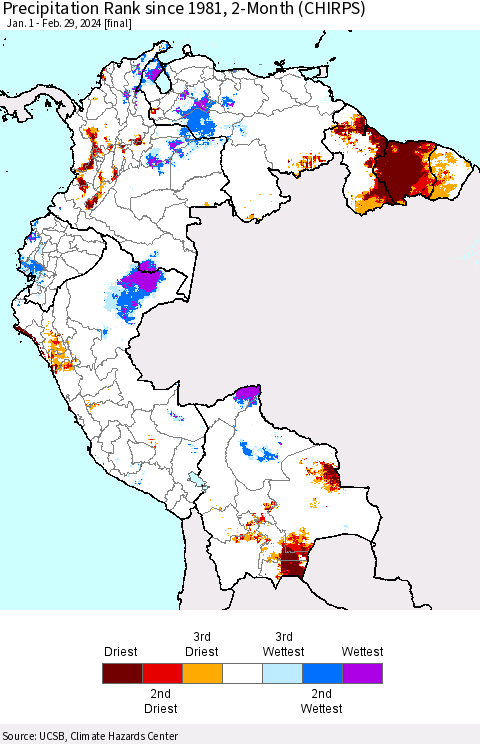 Northern South America Precipitation Rank since 1981, 2-Month (CHIRPS) Thematic Map For 1/1/2024 - 2/29/2024