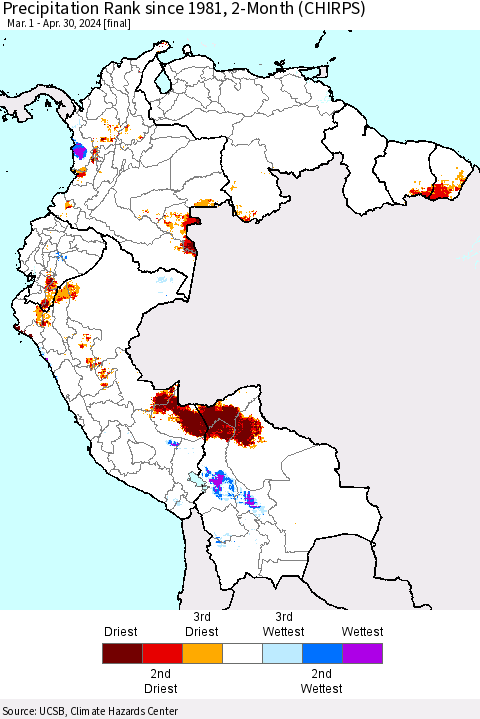 Northern South America Precipitation Rank since 1981, 2-Month (CHIRPS) Thematic Map For 3/1/2024 - 4/30/2024