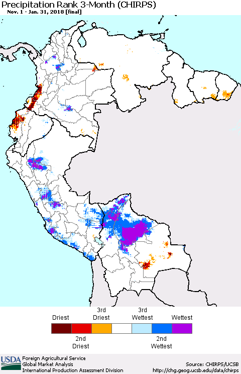 Northern South America Precipitation Rank since 1981, 3-Month (CHIRPS) Thematic Map For 11/1/2017 - 1/31/2018