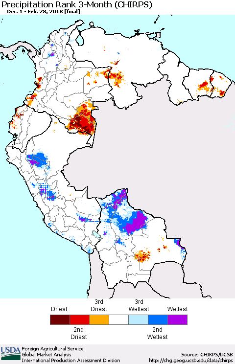 Northern South America Precipitation Rank since 1981, 3-Month (CHIRPS) Thematic Map For 12/1/2017 - 2/28/2018