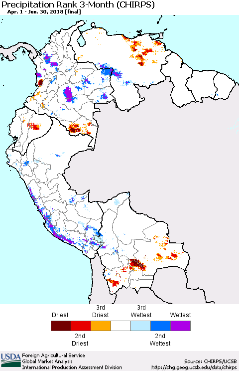 Northern South America Precipitation Rank since 1981, 3-Month (CHIRPS) Thematic Map For 4/1/2018 - 6/30/2018