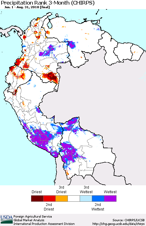 Northern South America Precipitation Rank since 1981, 3-Month (CHIRPS) Thematic Map For 6/1/2018 - 8/31/2018