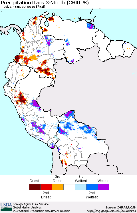 Northern South America Precipitation Rank since 1981, 3-Month (CHIRPS) Thematic Map For 7/1/2018 - 9/30/2018