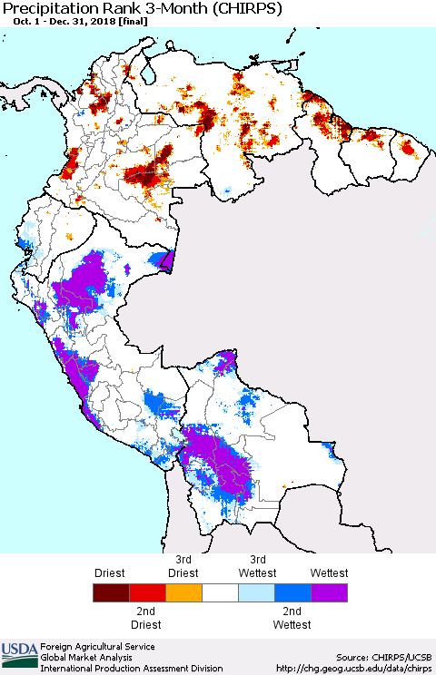 Northern South America Precipitation Rank since 1981, 3-Month (CHIRPS) Thematic Map For 10/1/2018 - 12/31/2018