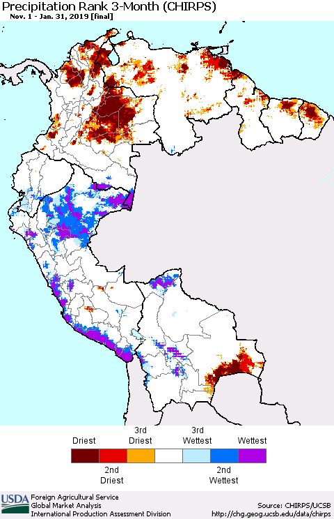 Northern South America Precipitation Rank since 1981, 3-Month (CHIRPS) Thematic Map For 11/1/2018 - 1/31/2019