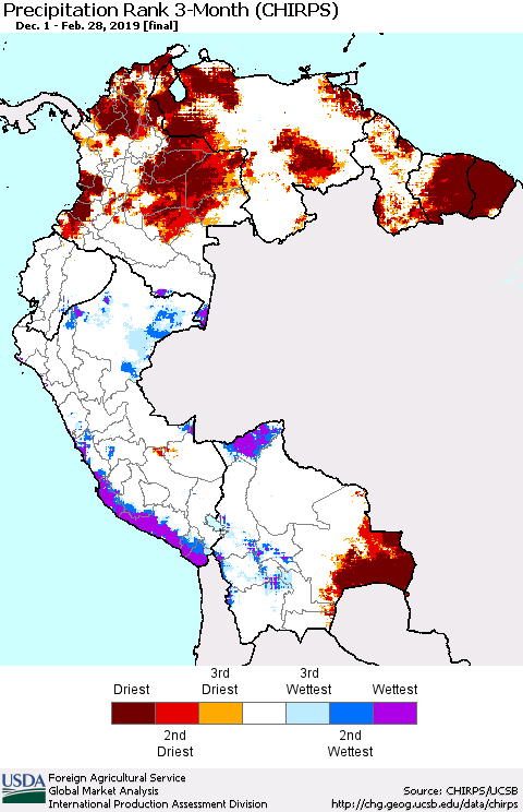 Northern South America Precipitation Rank since 1981, 3-Month (CHIRPS) Thematic Map For 12/1/2018 - 2/28/2019