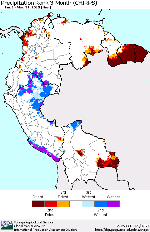 Northern South America Precipitation Rank since 1981, 3-Month (CHIRPS) Thematic Map For 1/1/2019 - 3/31/2019