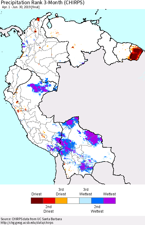 Northern South America Precipitation Rank since 1981, 3-Month (CHIRPS) Thematic Map For 4/1/2019 - 6/30/2019