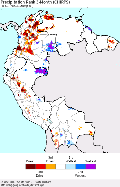 Northern South America Precipitation Rank since 1981, 3-Month (CHIRPS) Thematic Map For 6/1/2019 - 8/31/2019