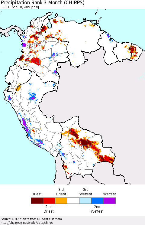 Northern South America Precipitation Rank since 1981, 3-Month (CHIRPS) Thematic Map For 7/1/2019 - 9/30/2019
